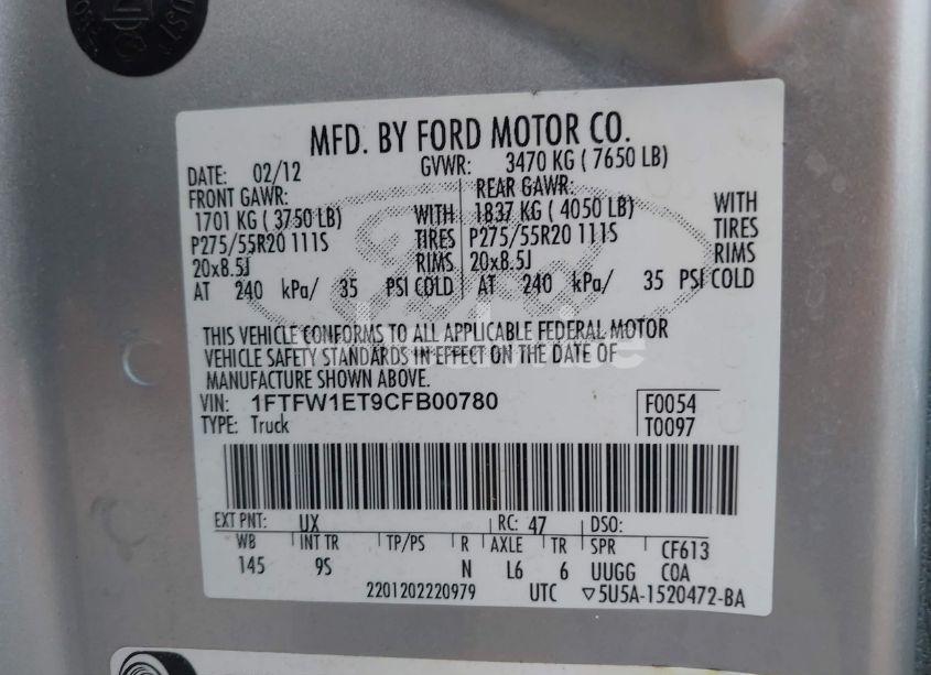 Photo 9 of 2012 Ford F-150 PLATINUM (VIN 1FTFW1ET9CFB00780)