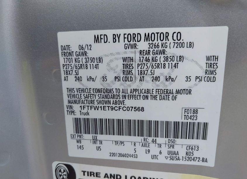 Photo 9 of 2012 Ford F-150 XLT (VIN 1FTFW1ET9CFC07568)