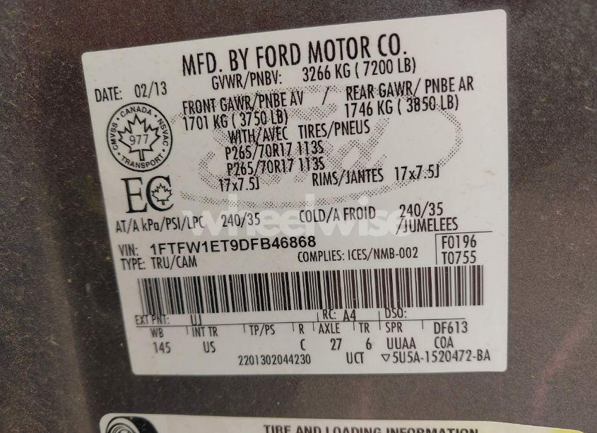 Photo 9 of 2013 Ford F150 SUPERCREW (VIN 1FTFW1ET9DFB46868)