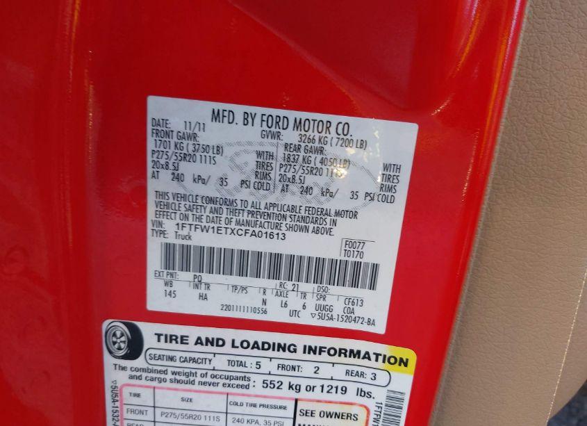 Photo 9 of 2012 Ford F-150 LARIAT (VIN 1FTFW1ETXCFA01613)