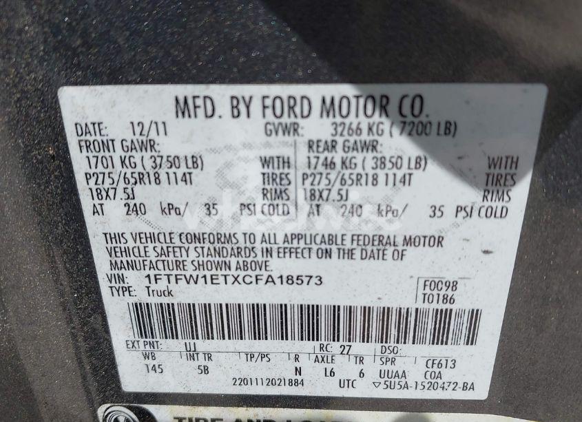 Photo 9 of 2012 Ford F-150 FX4 (VIN 1FTFW1ETXCFA18573)