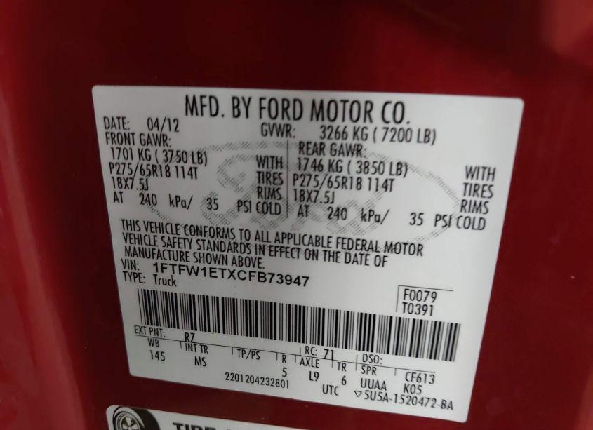 Photo 9 of 2012 Ford F-150 XLT (VIN 1FTFW1ETXCFB73947)