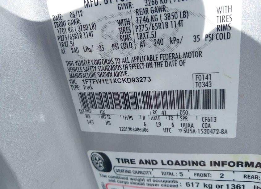 Photo 9 of 2012 Ford F-150 LARIAT (VIN 1FTFW1ETXCKD93273)