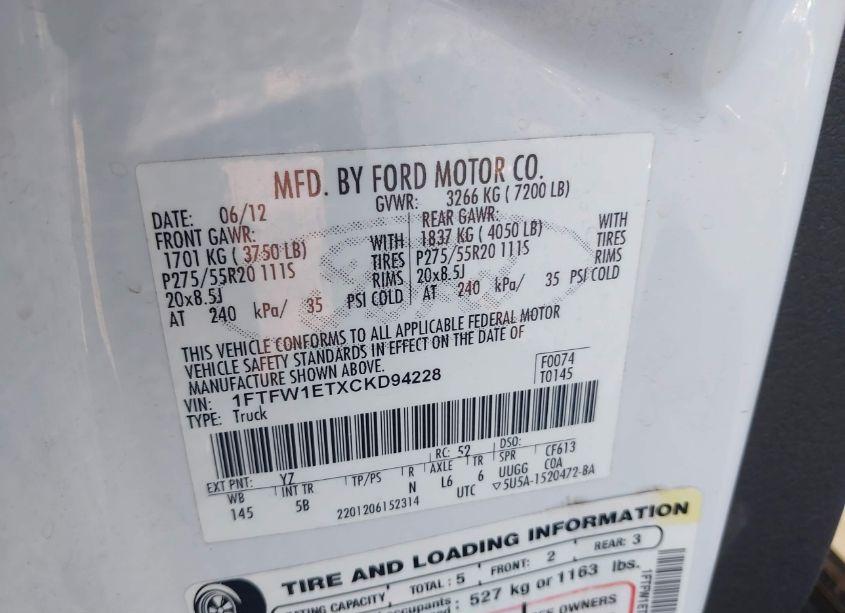 Photo 9 of 2012 Ford F-150 FX4 (VIN 1FTFW1ETXCKD94228)