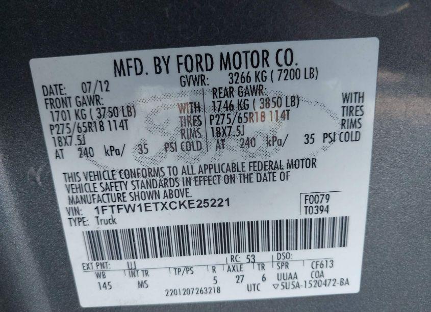 Photo 9 of 2012 Ford F-150 XLT (VIN 1FTFW1ETXCKE25221)