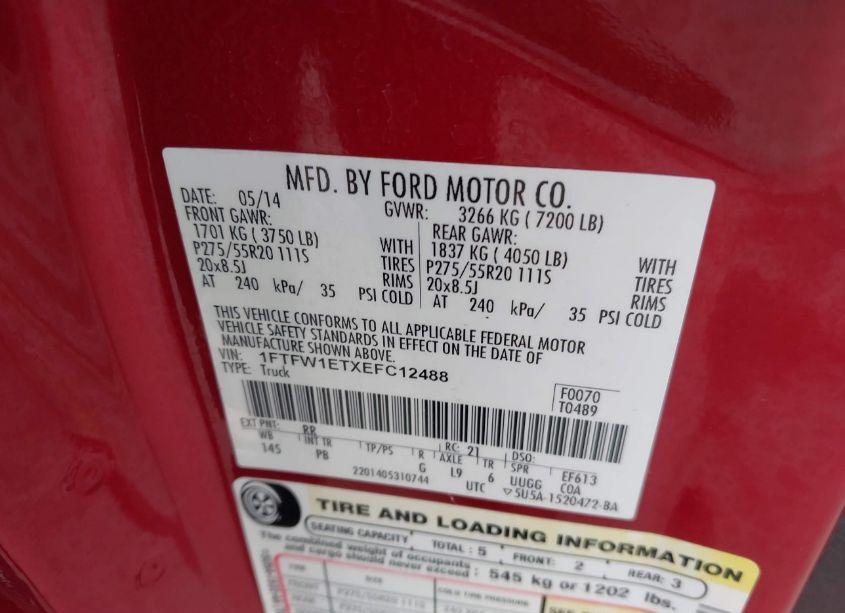 Photo 9 of 2014 Ford F-150 PLATINUM (VIN 1FTFW1ETXEFC12488)