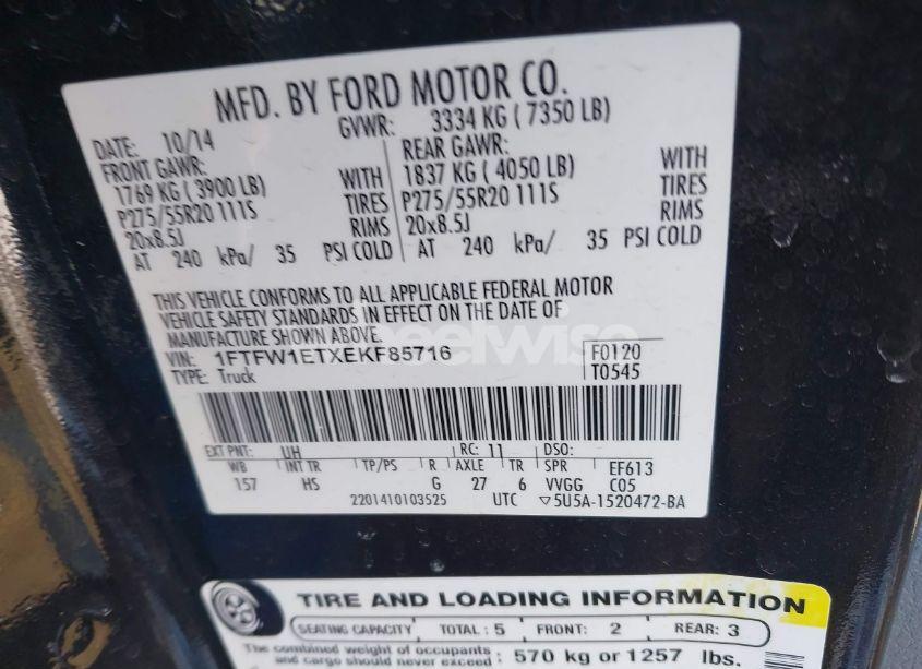 Photo 9 of 2014 Ford F-150 LARIAT (VIN 1FTFW1ETXEKF85716)