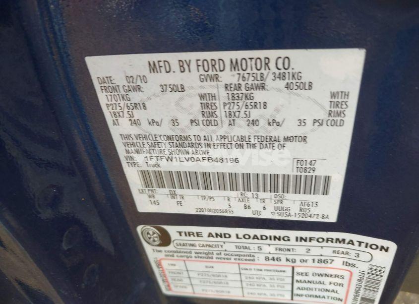 Photo 9 of 2010 Ford F-150 FX4/HARLEY-DAVIDSON/KING RANCH/LARIAT/PLATINUM/XL/XLT (VIN 1FTFW1EV0AFB48196)