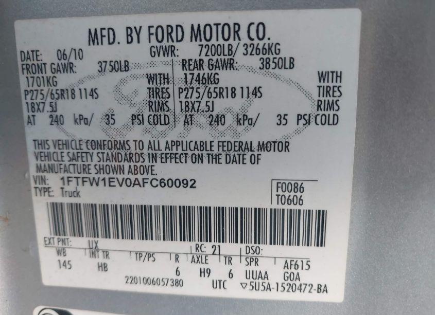 Photo 9 of 2010 Ford F-150 FX4/HARLEY-DAVIDSON/KING RANCH/LARIAT/PLATINUM/XL/XLT (VIN 1FTFW1EV0AFC60092)