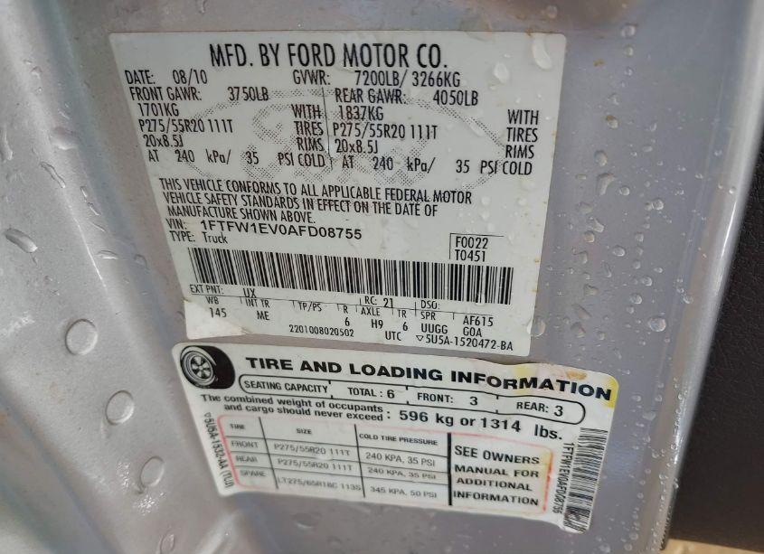 Photo 9 of 2010 Ford F-150 FX4/HARLEY-DAVIDSON/KING RANCH/LARIAT/PLATINUM/XL/XLT (VIN 1FTFW1EV0AFD08755)