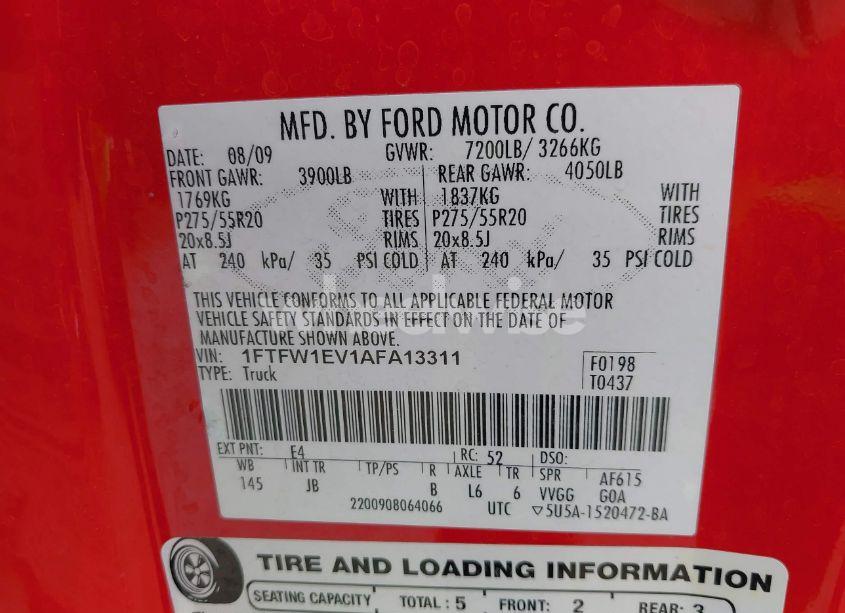 Photo 9 of 2010 Ford F-150 FX4/HARLEY-DAVIDSON/KING RANCH/LARIAT/PLATINUM/XL/XLT (VIN 1FTFW1EV1AFA13311)