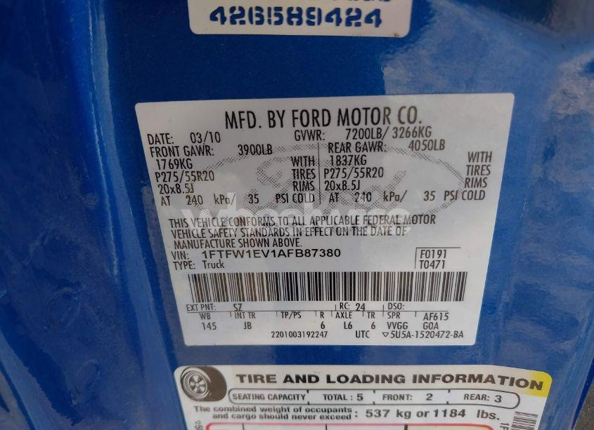 Photo 9 of 2010 Ford F-150 FX4/HARLEY-DAVIDSON/KING RANCH/LARIAT/PLATINUM/XL/XLT (VIN 1FTFW1EV1AFB87380)