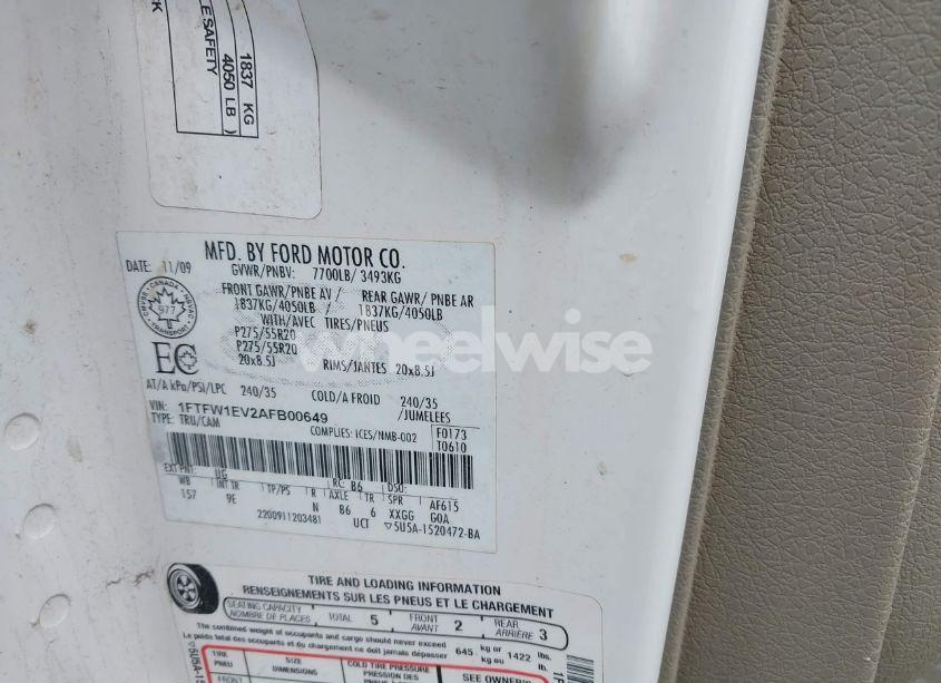 Photo 9 of 2010 Ford F-150 FX4/HARLEY-DAVIDSON/KING RANCH/LARIAT/PLATINUM/XL/XLT (VIN 1FTFW1EV2AFB00649)