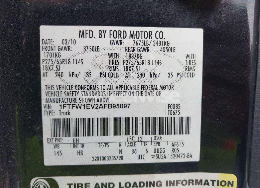 Photo 9 of 2010 Ford F-150 FX4/HARLEY-DAVIDSON/KING RANCH/LARIAT/PLATINUM/XL/XLT (VIN 1FTFW1EV2AFB95097)