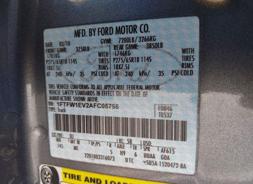 Photo 9 of 2010 Ford F-150 FX4/HARLEY-DAVIDSON/KING RANCH/LARIAT/PLATINUM/XL/XLT (VIN 1FTFW1EV2AFC05756)