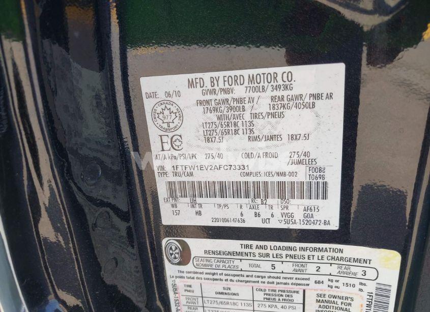 Photo 9 of 2010 Ford F-150 FX4/HARLEY-DAVIDSON/KING RANCH/LARIAT/PLATINUM/XL/XLT (VIN 1FTFW1EV2AFC73331)