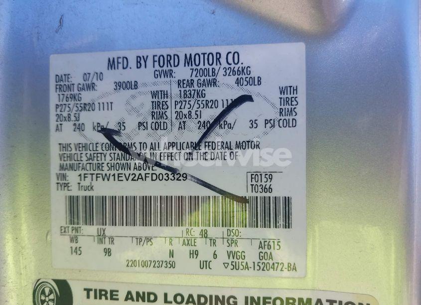 Photo 9 of 2010 Ford F-150 FX4/HARLEY-DAVIDSON/KING RANCH/LARIAT/PLATINUM/XL/XLT (VIN 1FTFW1EV2AFD03329)