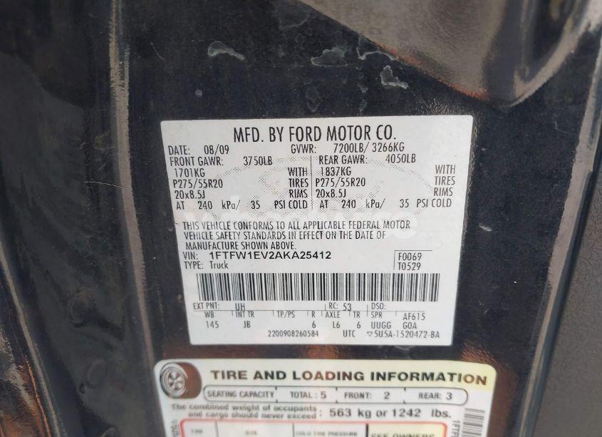 Photo 9 of 2010 Ford F-150 FX4/HARLEY-DAVIDSON/KING RANCH/LARIAT/PLATINUM/XL/XLT (VIN 1FTFW1EV2AKA25412)
