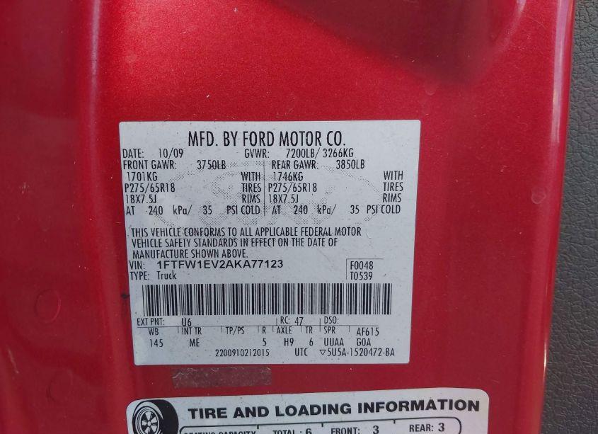 Photo 9 of 2010 Ford F-150 FX4/HARLEY-DAVIDSON/KING RANCH/LARIAT/PLATINUM/XL/XLT (VIN 1FTFW1EV2AKA77123)