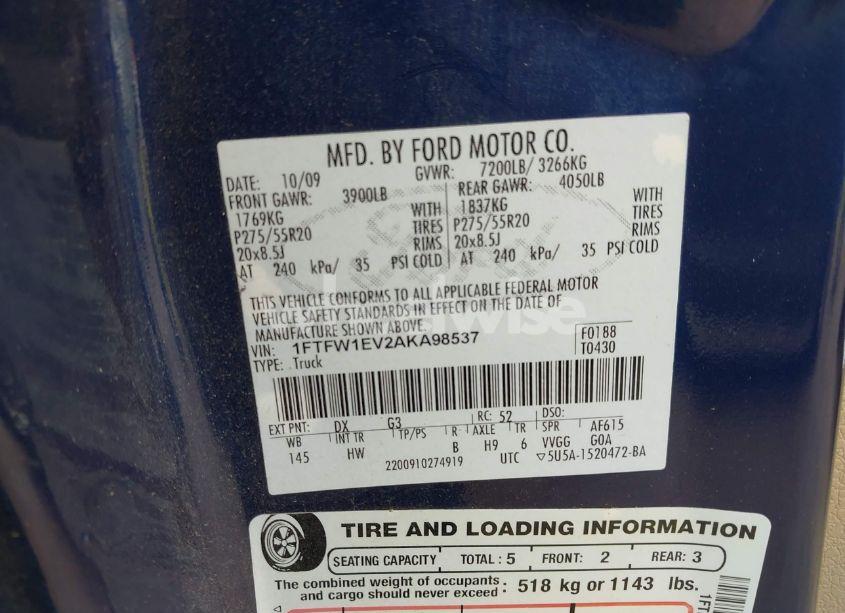 Photo 9 of 2010 Ford F-150 FX4/HARLEY-DAVIDSON/KING RANCH/LARIAT/PLATINUM/XL/XLT (VIN 1FTFW1EV2AKA98537)
