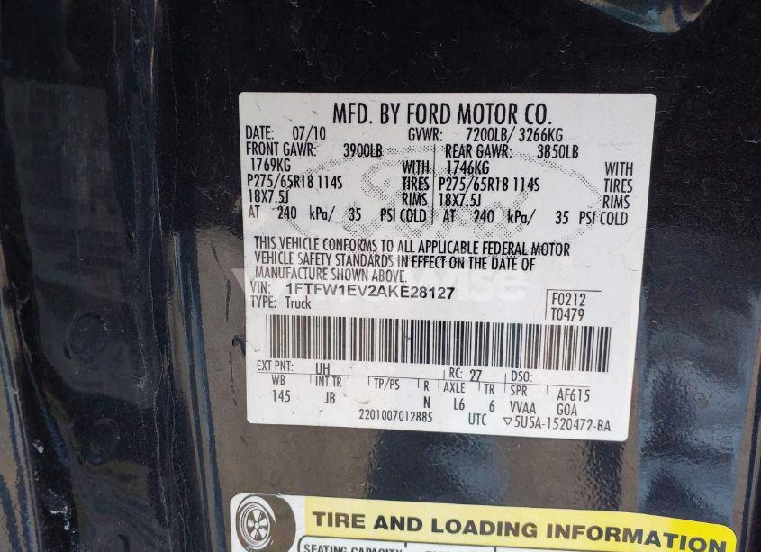 Photo 9 of 2010 Ford F-150 FX4/HARLEY-DAVIDSON/KING RANCH/LARIAT/PLATINUM/XL/XLT (VIN 1FTFW1EV2AKE28127)