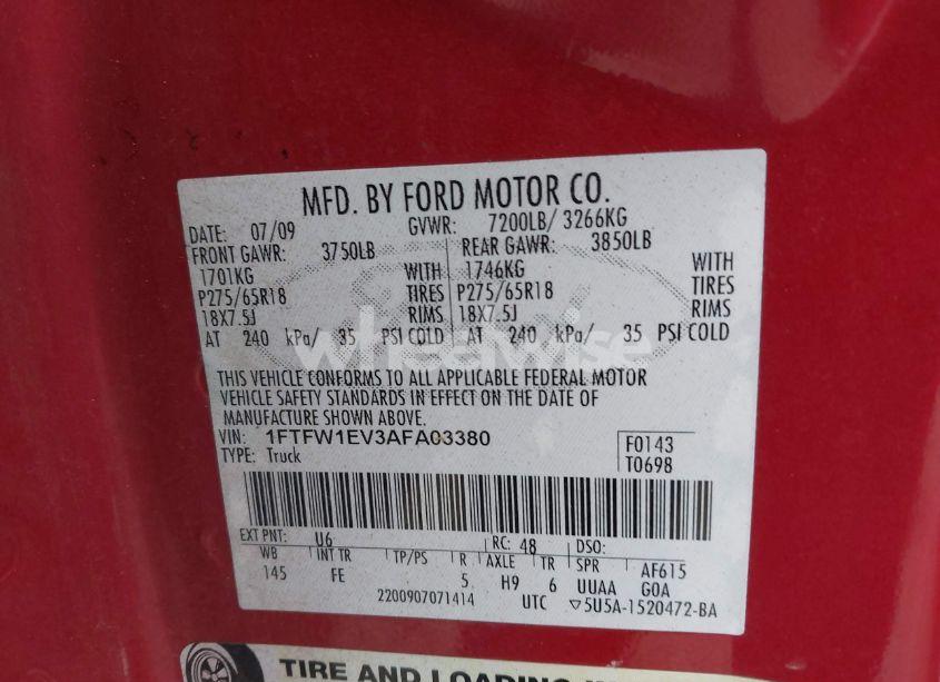 Photo 9 of 2010 Ford F-150 FX4/HARLEY-DAVIDSON/KING RANCH/LARIAT/PLATINUM/XL/XLT (VIN 1FTFW1EV3AFA03380)