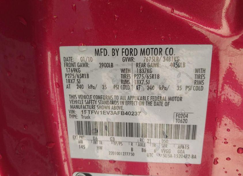 Photo 9 of 2010 Ford F-150 FX4/HARLEY-DAVIDSON/KING RANCH/LARIAT/PLATINUM/XL/XLT (VIN 1FTFW1EV3AFB40237)