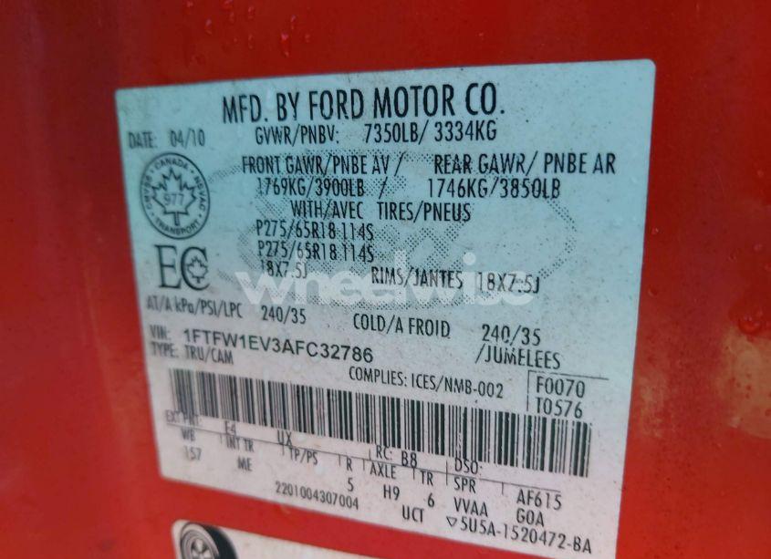 Photo 9 of 2010 Ford F-150 FX4/HARLEY-DAVIDSON/KING RANCH/LARIAT/PLATINUM/XL/XLT (VIN 1FTFW1EV3AFC32786)