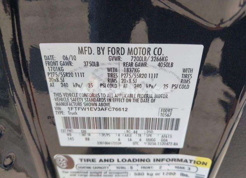 Photo 9 of 2010 Ford F-150 FX4/HARLEY-DAVIDSON/KING RANCH/LARIAT/PLATINUM/XL/XLT (VIN 1FTFW1EV3AFC76612)