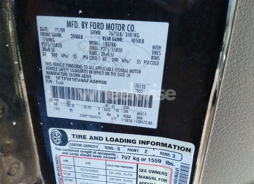 Photo 9 of 2010 Ford F-150 FX4/HARLEY-DAVIDSON/KING RANCH/LARIAT/PLATINUM/XL/XLT (VIN 1FTFW1EV4AFA58808)