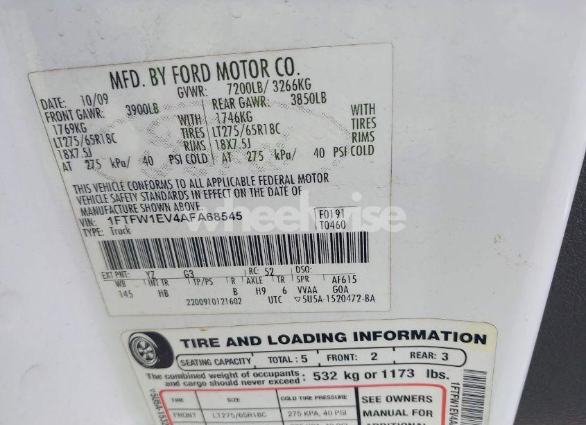 Photo 9 of 2010 Ford F-150 FX4/HARLEY-DAVIDSON/KING RANCH/LARIAT/PLATINUM/XL/XLT (VIN 1FTFW1EV4AFA68545)