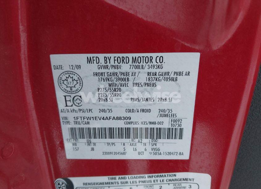 Photo 9 of 2010 Ford F-150 FX4/HARLEY-DAVIDSON/KING RANCH/LARIAT/PLATINUM/XL/XLT (VIN 1FTFW1EV4AFA88309)