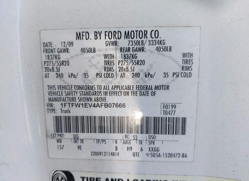 Photo 9 of 2010 Ford F-150 FX4/HARLEY-DAVIDSON/KING RANCH/LARIAT/PLATINUM/XL/XLT (VIN 1FTFW1EV4AFB07666)