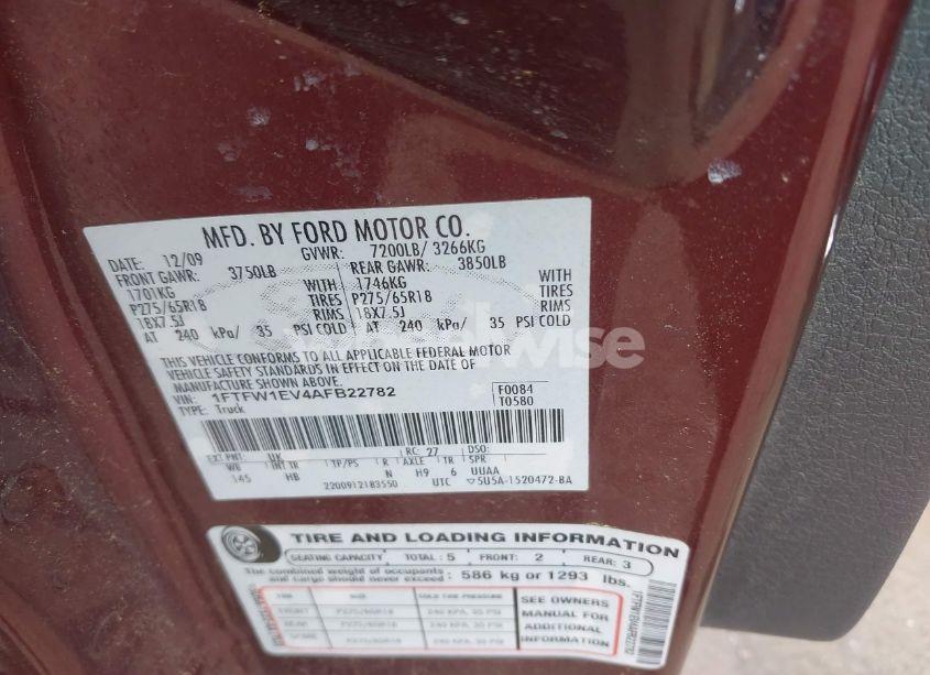 Photo 9 of 2010 Ford F-150 FX4/HARLEY-DAVIDSON/KING RANCH/LARIAT/PLATINUM/XL/XLT (VIN 1FTFW1EV4AFB22782)