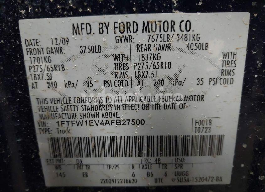 Photo 9 of 2010 Ford F-150 FX4/HARLEY-DAVIDSON/KING RANCH/LARIAT/PLATINUM/XL/XLT (VIN 1FTFW1EV4AFB27500)