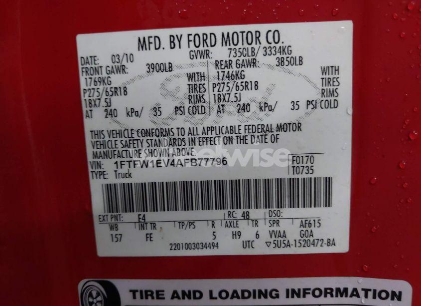 Photo 9 of 2010 Ford F-150 FX4/HARLEY-DAVIDSON/KING RANCH/LARIAT/PLATINUM/XL/XLT (VIN 1FTFW1EV4AFB77796)