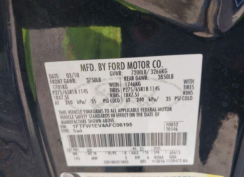 Photo 9 of 2010 Ford F-150 FX4/HARLEY-DAVIDSON/KING RANCH/LARIAT/PLATINUM/XL/XLT (VIN 1FTFW1EV4AFC06195)