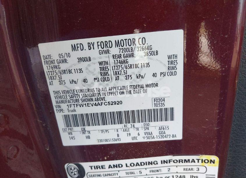 Photo 9 of 2010 Ford F-150 FX4/HARLEY-DAVIDSON/KING RANCH/LARIAT/PLATINUM/XL/XLT (VIN 1FTFW1EV4AFC52920)