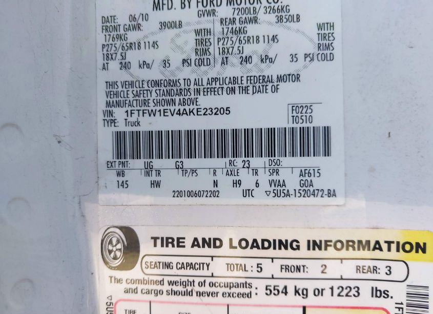 Photo 9 of 2010 Ford F-150 FX4/HARLEY-DAVIDSON/KING RANCH/LARIAT/PLATINUM/XL/XLT (VIN 1FTFW1EV4AKE23205)