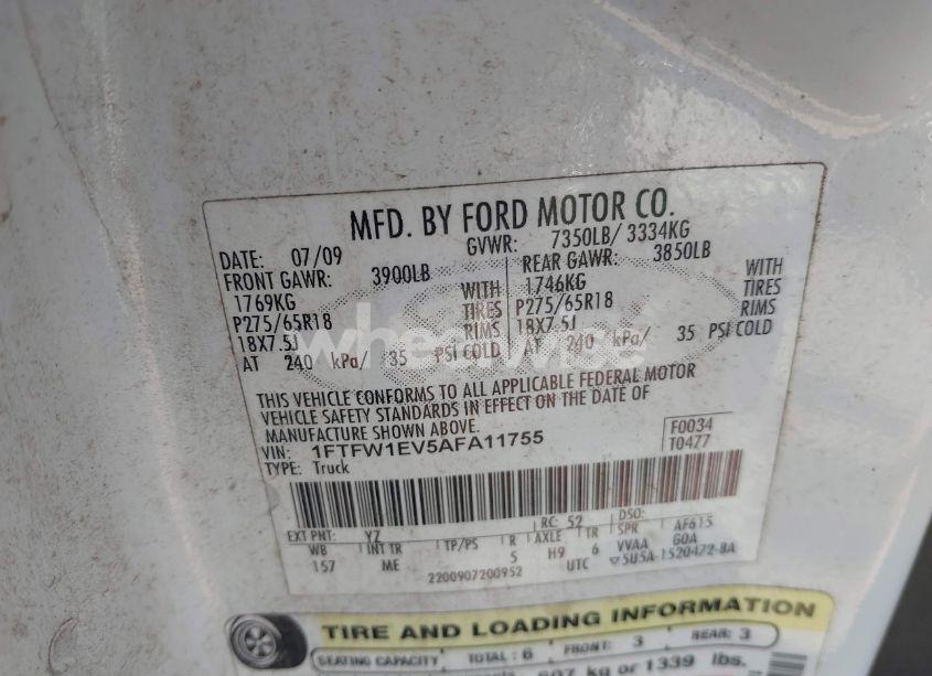 Photo 9 of 2010 Ford F-150 FX4/HARLEY-DAVIDSON/KING RANCH/LARIAT/PLATINUM/XL/XLT (VIN 1FTFW1EV5AFA11755)