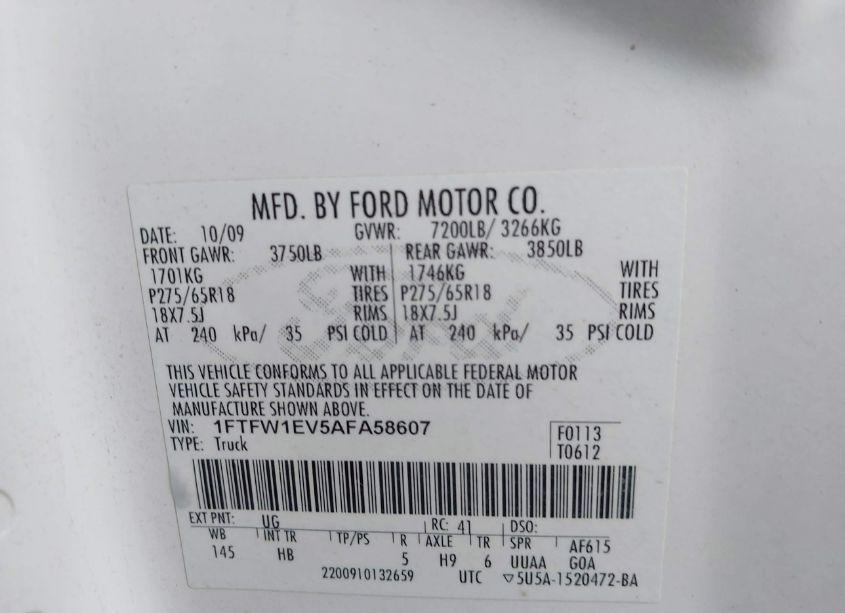Photo 9 of 2010 Ford F-150 FX4/HARLEY-DAVIDSON/KING RANCH/LARIAT/PLATINUM/XL/XLT (VIN 1FTFW1EV5AFA58607)