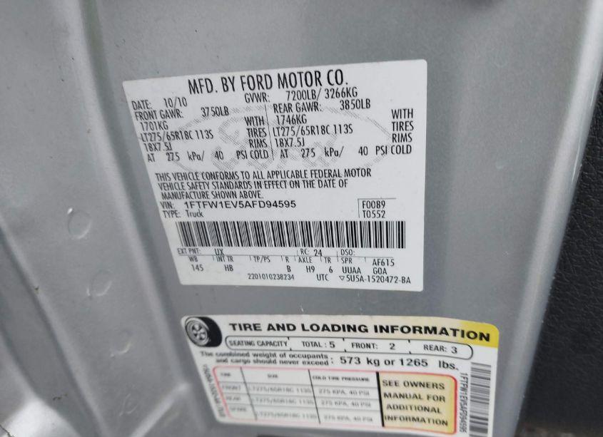 Photo 9 of 2010 Ford F-150 FX4/HARLEY-DAVIDSON/KING RANCH/LARIAT/PLATINUM/XL/XLT (VIN 1FTFW1EV5AFD94595)