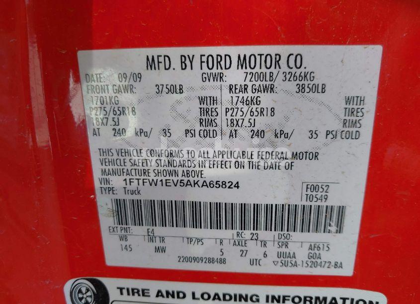 Photo 9 of 2010 Ford F-150 FX4/HARLEY-DAVIDSON/KING RANCH/LARIAT/PLATINUM/XL/XLT (VIN 1FTFW1EV5AKA65824)