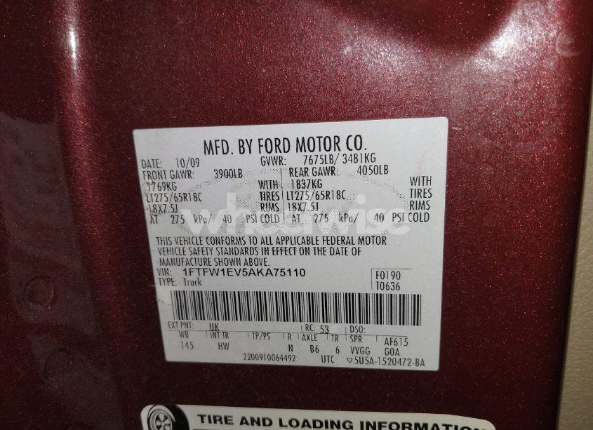 Photo 9 of 2010 Ford F-150 FX4/HARLEY-DAVIDSON/KING RANCH/LARIAT/PLATINUM/XL/XLT (VIN 1FTFW1EV5AKA75110)