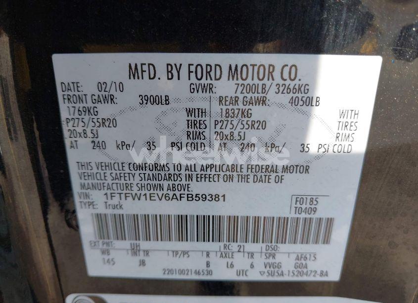 Photo 9 of 2010 Ford F-150 FX4/HARLEY-DAVIDSON/KING RANCH/LARIAT/PLATINUM/XL/XLT (VIN 1FTFW1EV6AFB59381)