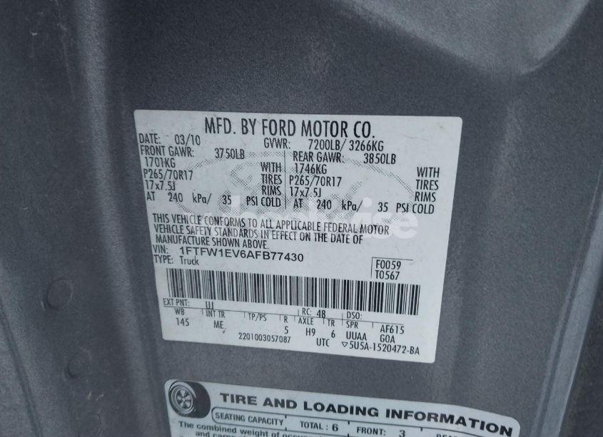 Photo 9 of 2010 Ford F-150 FX4/HARLEY-DAVIDSON/KING RANCH/LARIAT/PLATINUM/XL/XLT (VIN 1FTFW1EV6AFB77430)