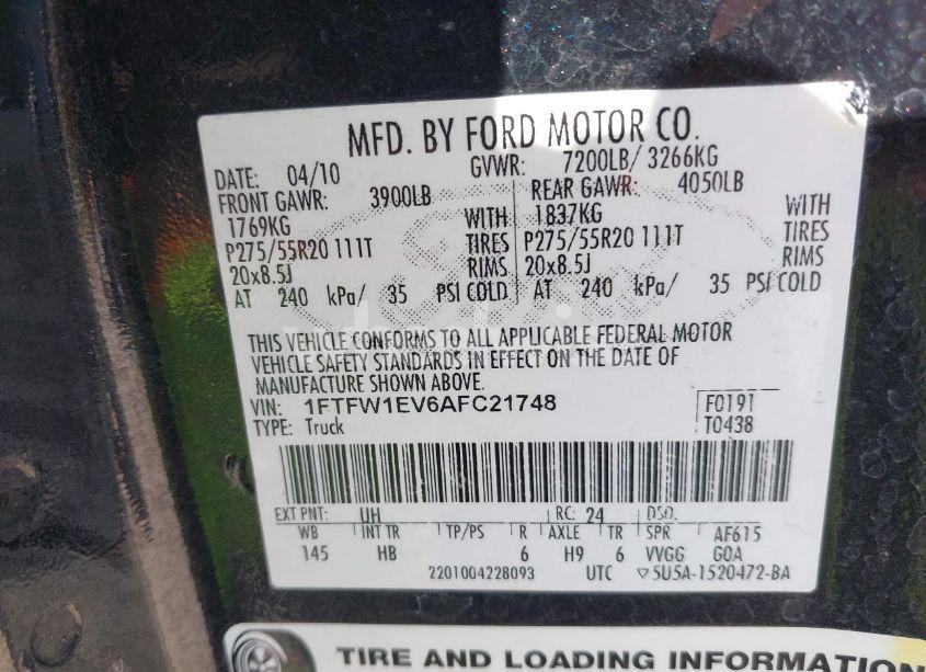 Photo 9 of 2010 Ford F-150 FX4/HARLEY-DAVIDSON/KING RANCH/LARIAT/PLATINUM/XL/XLT (VIN 1FTFW1EV6AFC21748)