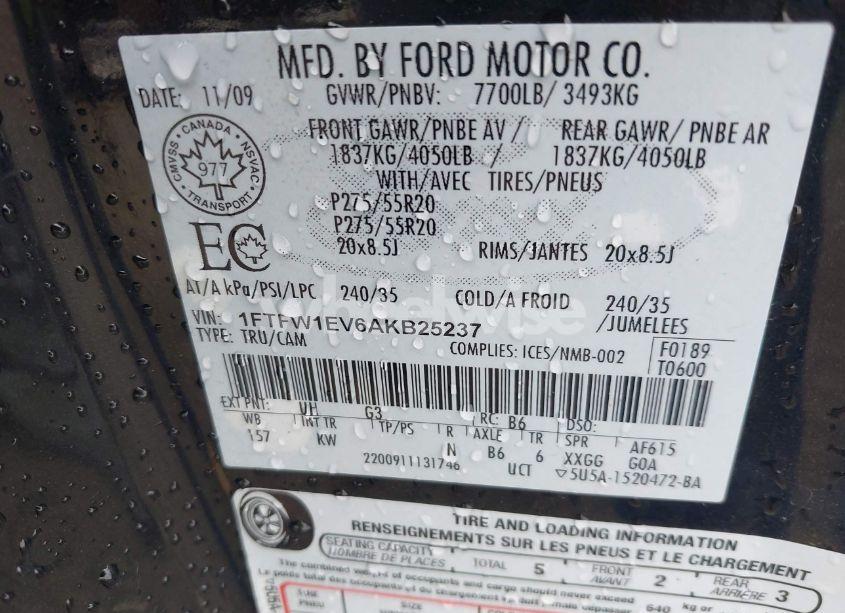 Photo 9 of 2010 Ford F-150 FX4/HARLEY-DAVIDSON/KING RANCH/LARIAT/PLATINUM/XL/XLT (VIN 1FTFW1EV6AKB25237)