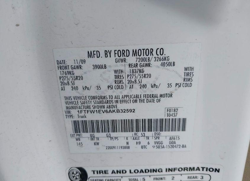 Photo 9 of 2010 Ford F-150 FX4/HARLEY-DAVIDSON/KING RANCH/LARIAT/PLATINUM/XL/XLT (VIN 1FTFW1EV6AKB32592)