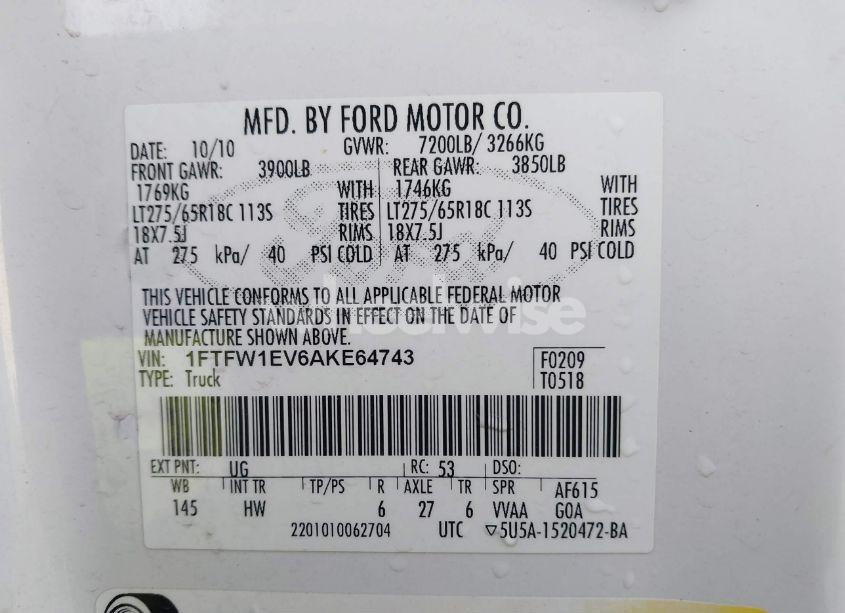 Photo 9 of 2010 Ford F-150 FX4/HARLEY-DAVIDSON/KING RANCH/LARIAT/PLATINUM/XL/XLT (VIN 1FTFW1EV6AKE64743)